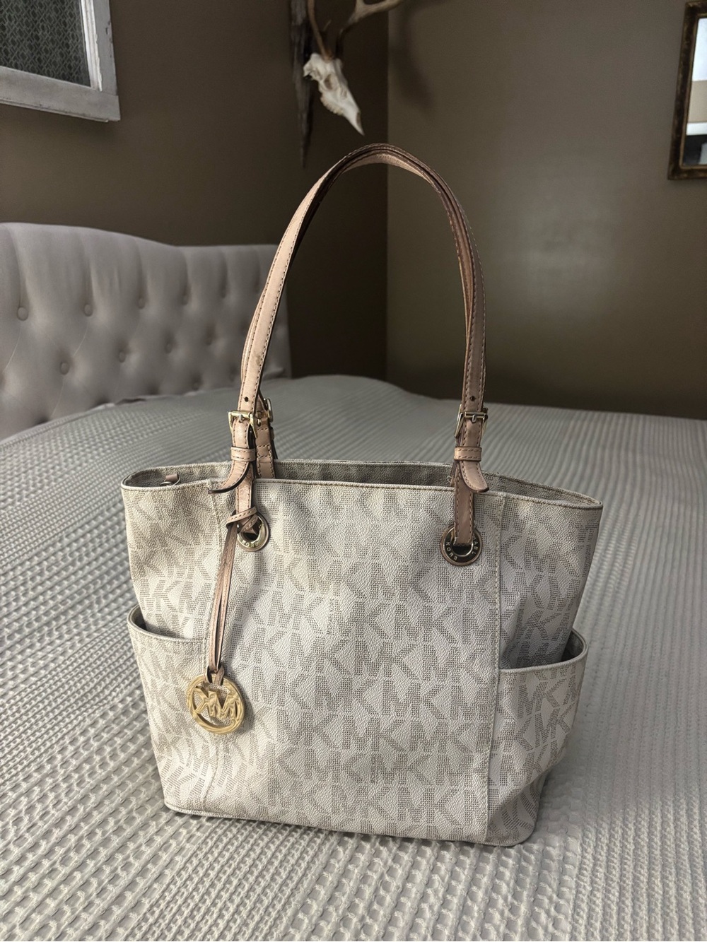 Michael Kors Neutral Logo Tote with Gold MK Charm - Picture 1 of 8